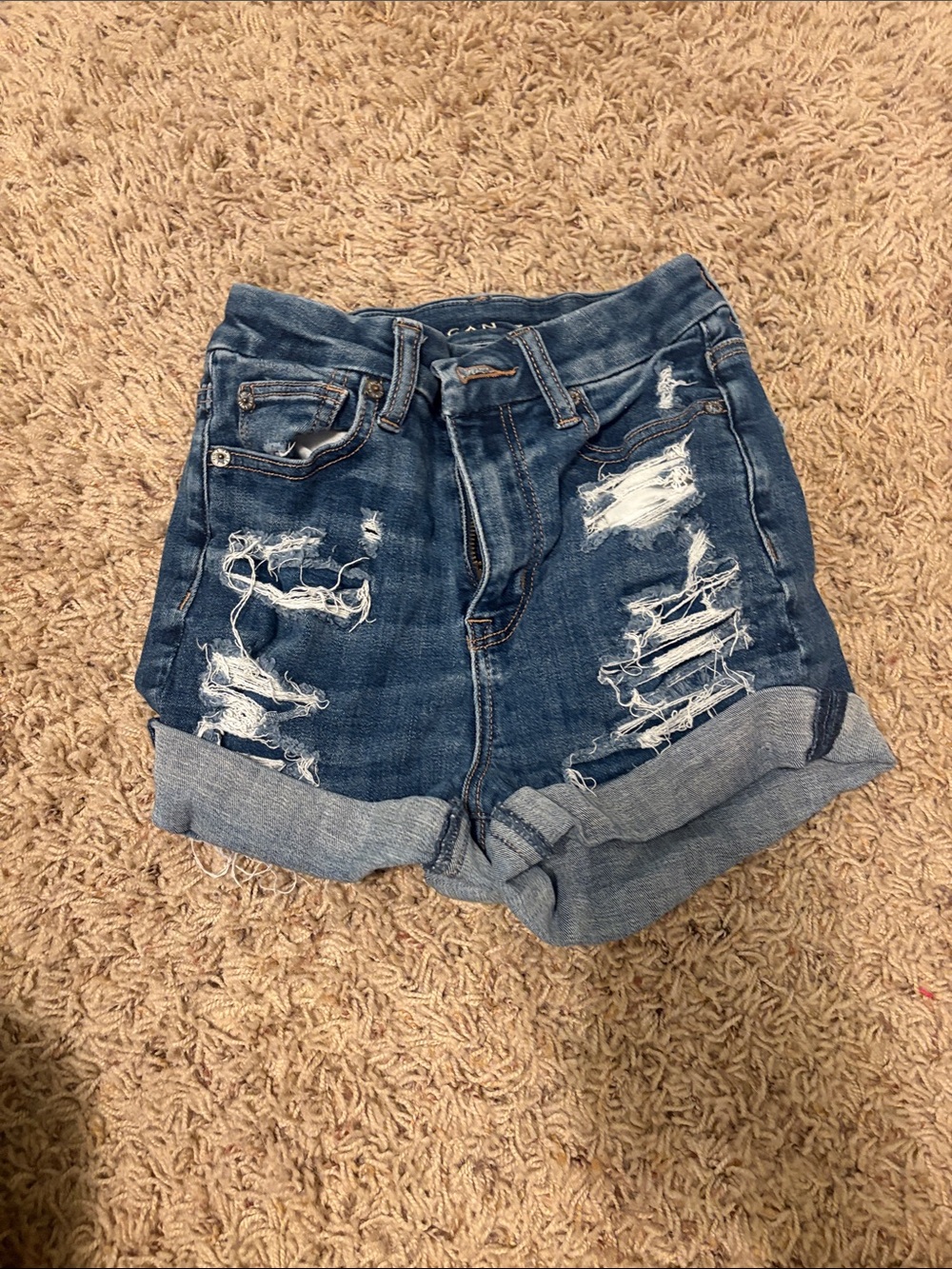 American Eagle Outfitters Distressed Rolled-Hem Denim Shorts - Blue